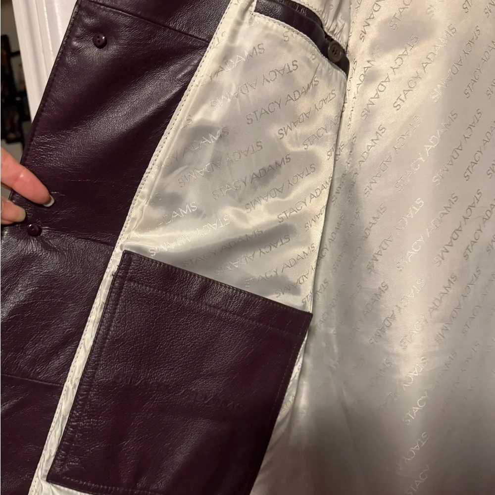 Stacy Adams Men’s Dark Brown Leather Car Coat With Ivory Trim Size Large Vintage